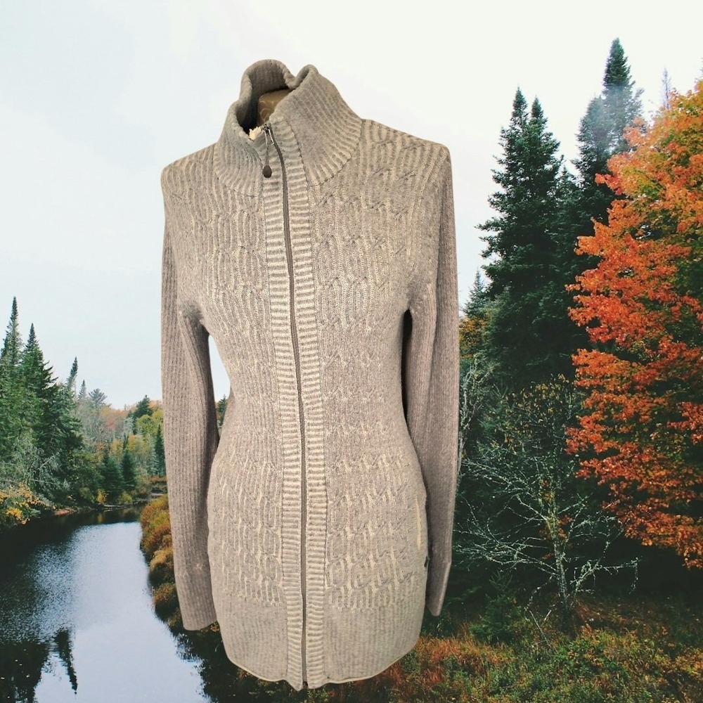 Y2K Vintage Eddie Bauer Gray Long Cable Knit Zipper Cardigan Sweater Fall Medium